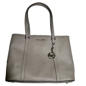 Michael Kors Dove Gray Sady Saffiano leather Tote. MK bag charm.